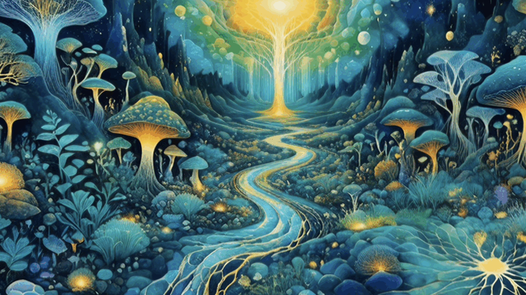 A glowing golden path winding through a bioluminescent teal forest, a key scene in these visuals for deep psychedelic journey.